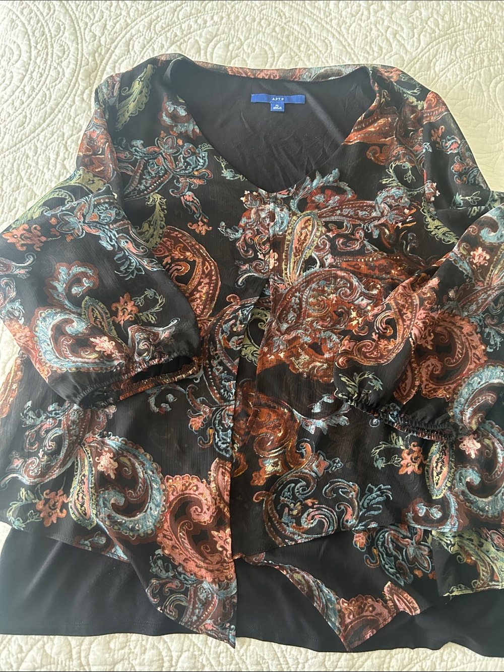 Apt. 9 Black Paisley Button-Front Sheer Blouse with Rust and Teal Accents